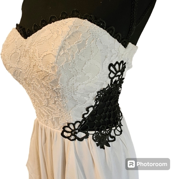 Jodi Kristopher Black White Lace Sheer Crochet Formal Asymmetrical Dress Sz 3 - Picture 3 of 16